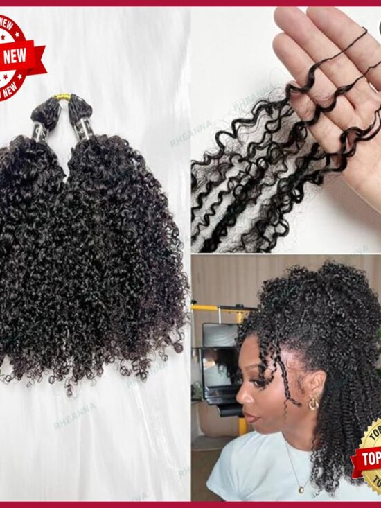20in Human Hair Extensions, Kinky Curly Crochet Braids, Pre Looped